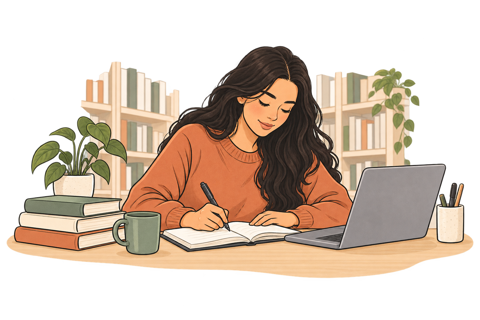 Illustrated university student refining a draft in the library